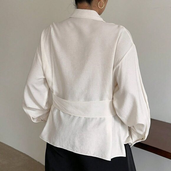 Plus Size White Casual Women's Long Sleeve Turndown Collar Shirt - Picture 2 of 9